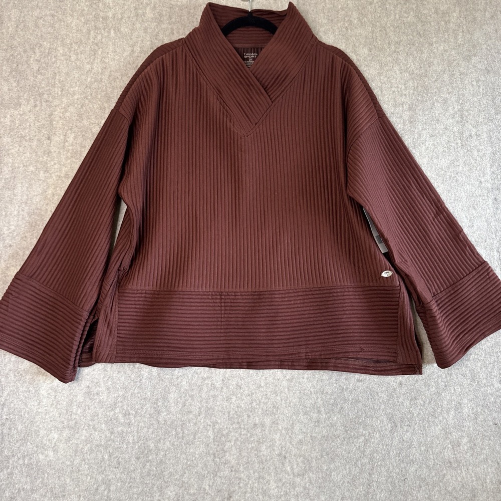 Tahari Sport Ribbed Shawl Collar Pullover Top Womens 2X Brown Boxy Knit Cozy NWT